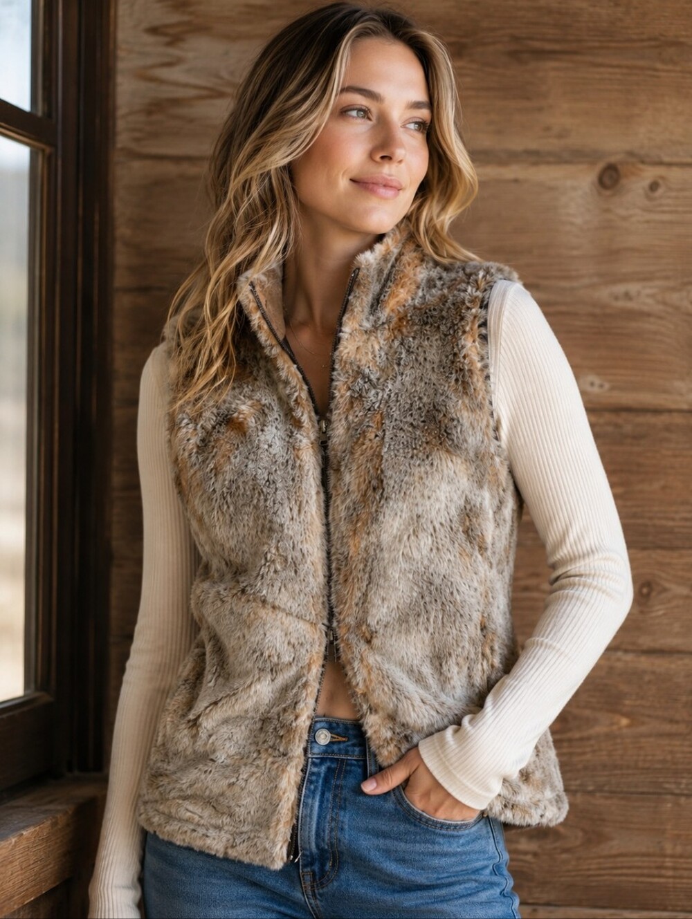 GAP Reversible Faux Fur Vest Brown Cozy Western Cabin Womens Small